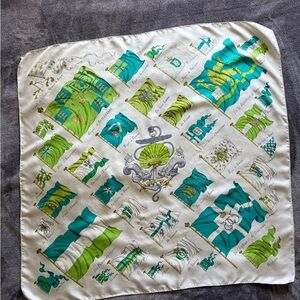 Hermès White Silk Scarf with Teal and Lime Green Flag Motif
